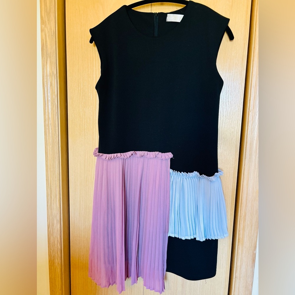 Charming Black Dress with Pink and Grey Pleated Accents